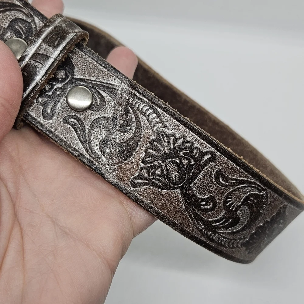 brown embossed leather belt with silvery metallic overtone large